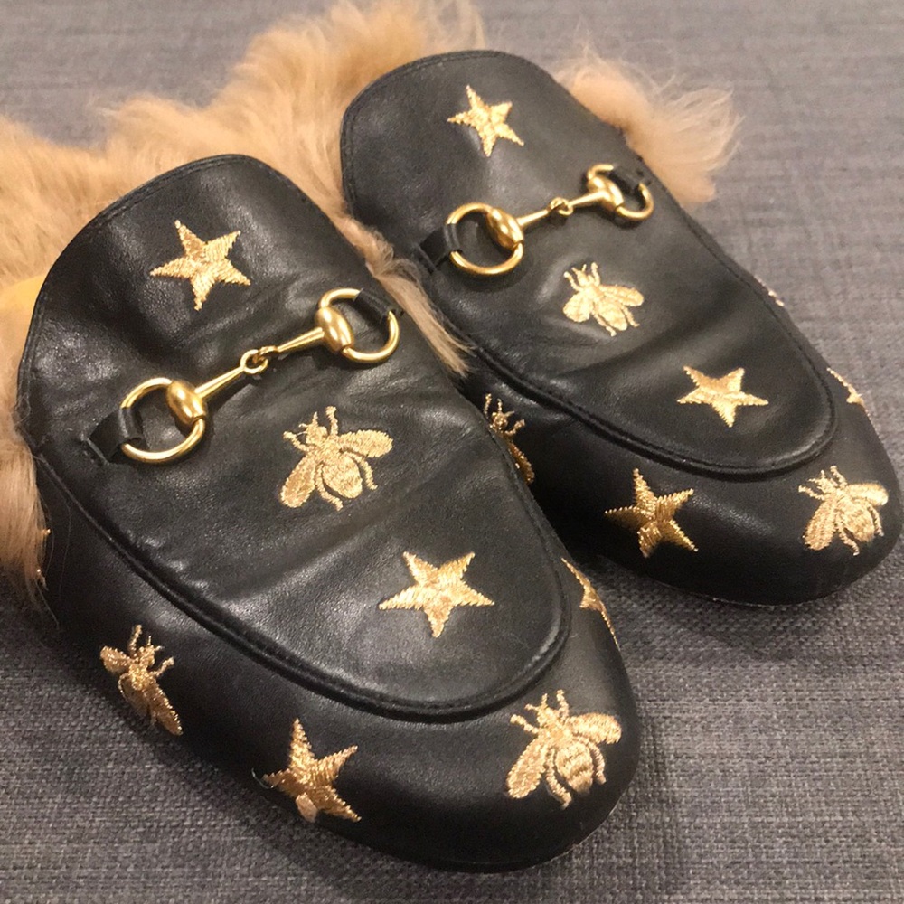 Gucci Princetown shearling bee loafer mule